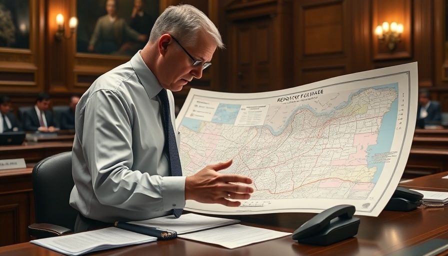 Politician reviews map in Texas redistricting bill discussion.