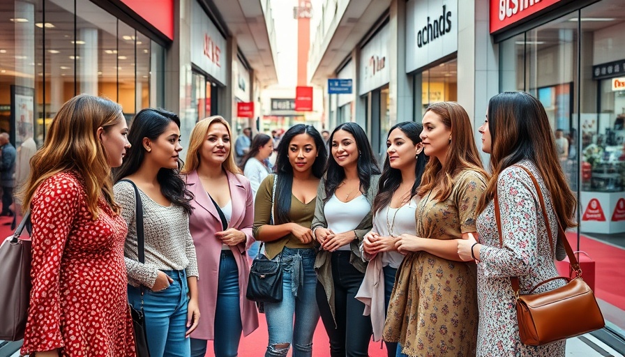 Women gathered outside Brazilian mall highlighting local manufacturing.