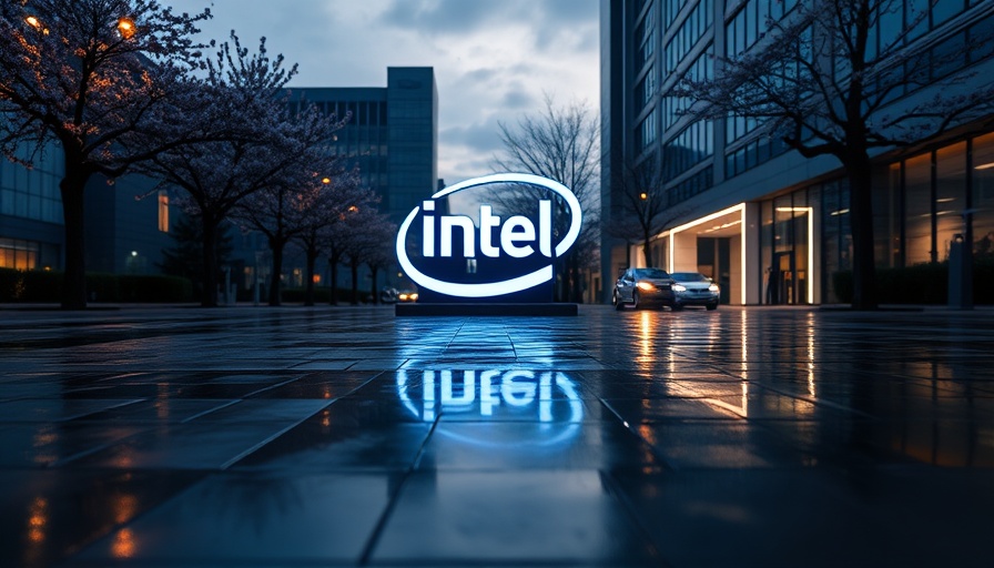 Intel logo illuminated in evening, reflecting on wet surface, CHIPS Act