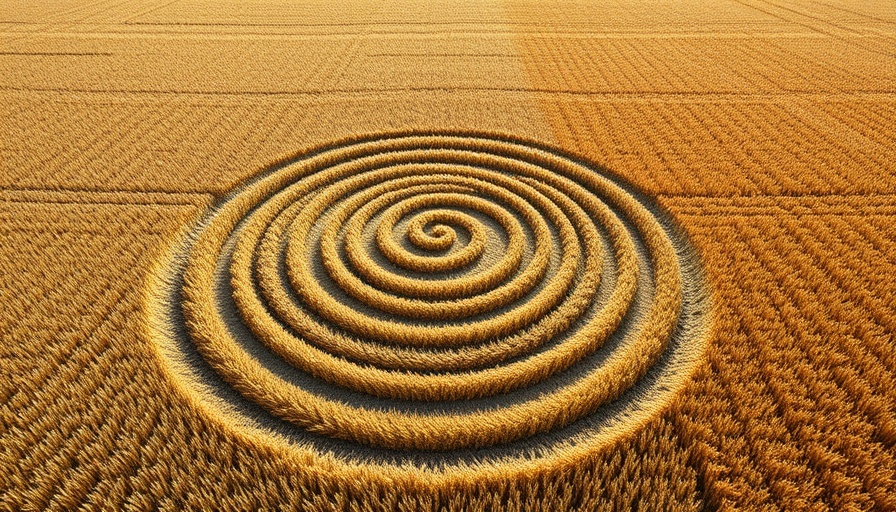 Aerial view of crop circle design in wheat field, crop circles explanation.