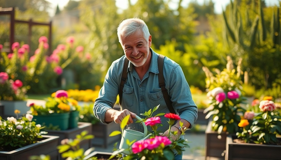 Man watering plants in a garden with vibrant flowers and greenery.