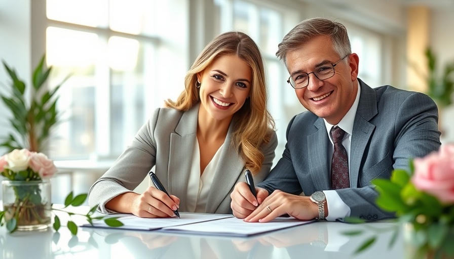 Couple signing prenup documents in a well-lit room.