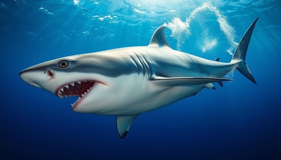 Great white sharks swimming in New England waters, underwater scene.