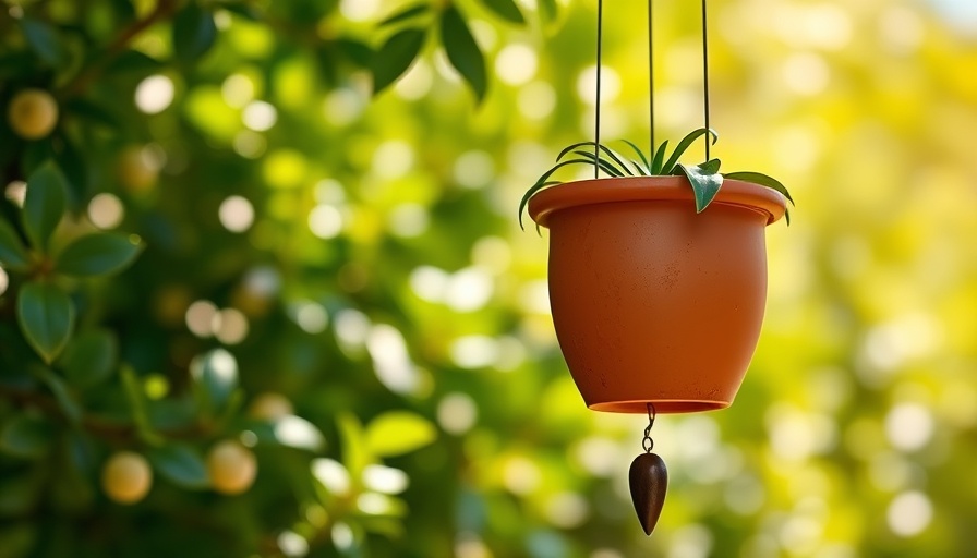 DIY terracotta wind chime with green foliage background.