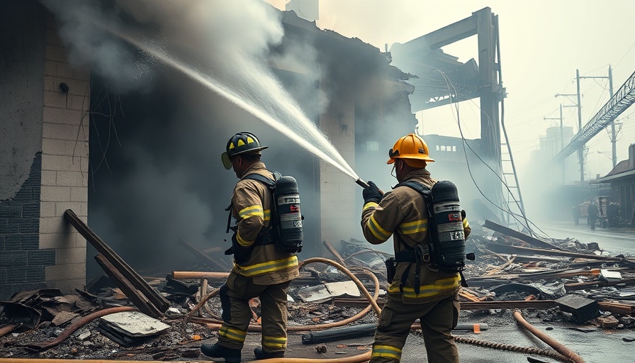 Firefighters work amidst smoke in building remains.