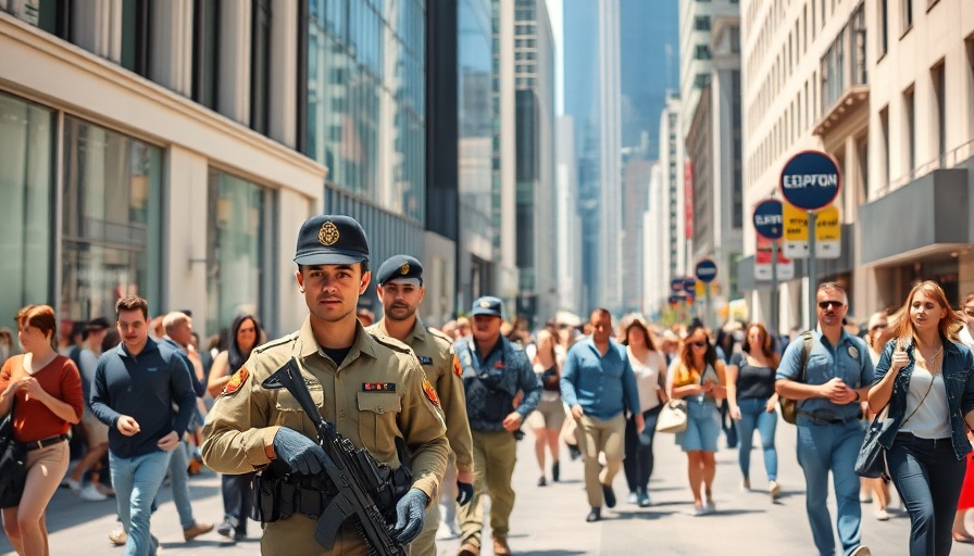 Uniformed soldiers patrol Chicago street amid crowd.