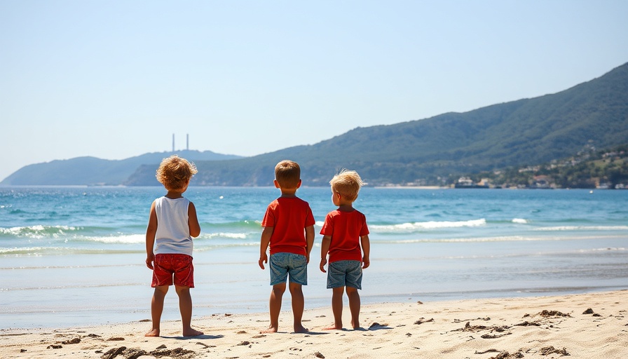 Children on beach with Lamma Power Station in background, climate icon.