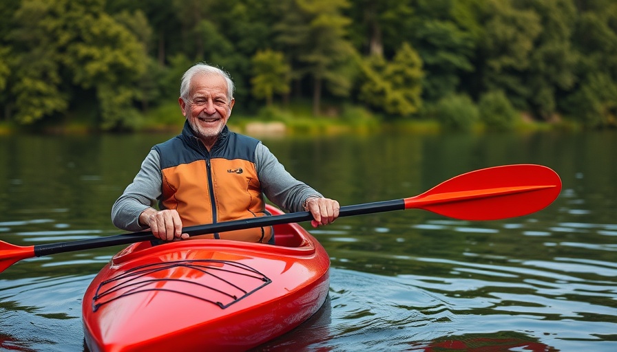 Senior man enjoying kayaking, senior living communities.