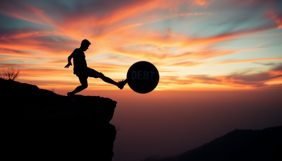 Debt relief programs concept: Silhouette kicking debt ball at sunset.