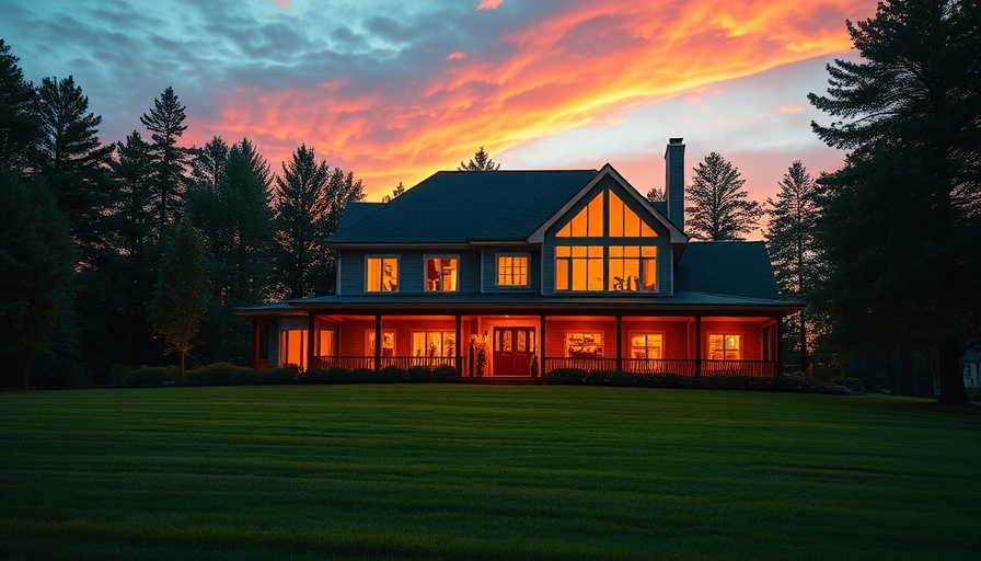 Spacious suburban house during sunset, lush lawn and trees.
