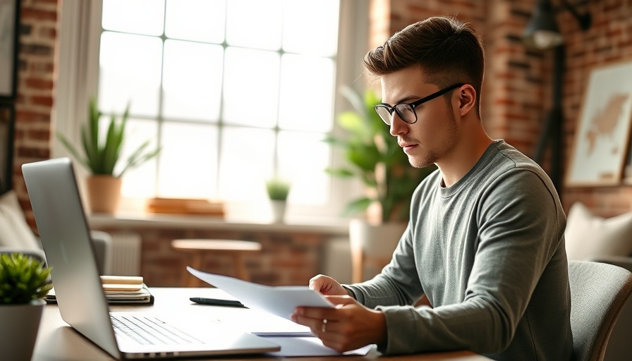 Young professional calculating with a laptop and papers in home office.