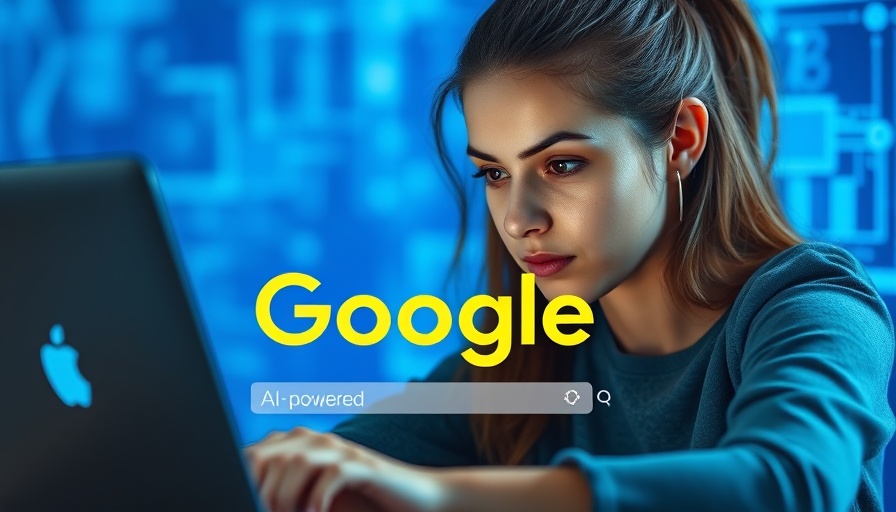 Young woman using laptop with Google AI text, blue background.