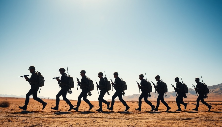 Soldiers march in silhouette against clear sky, Hizbollah disarmament context.