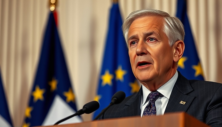 French politics: man giving speech with flags in background