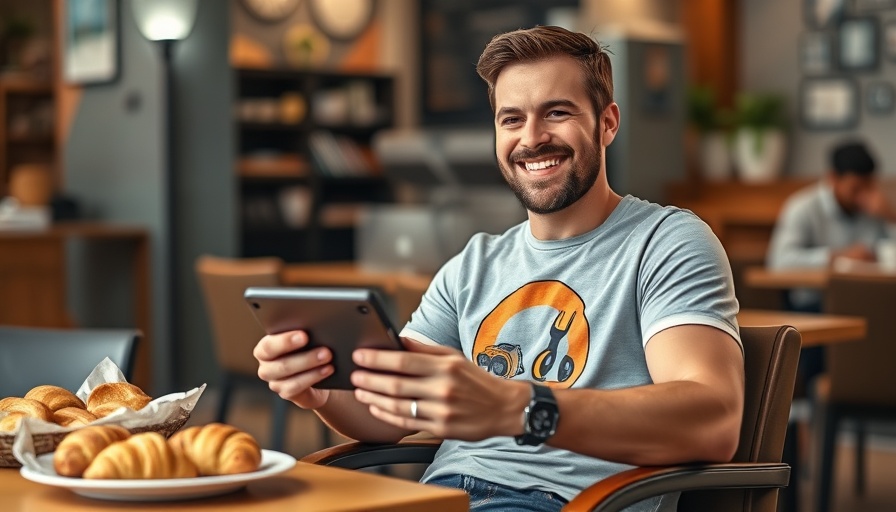Man with tech device wearing a graphic t-shirt indoors, linked to Neuralink brain chip.
