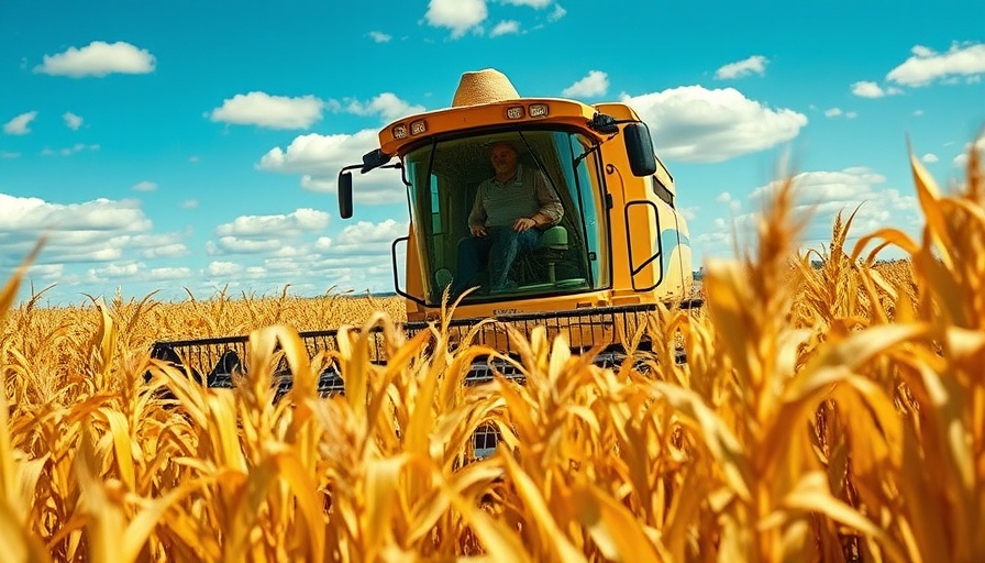 Modern harvesting of corn amid climate change.