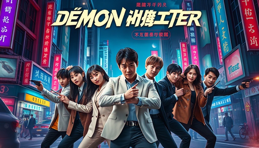 KPop Demon Hunters movie poster with action poses and neon city.