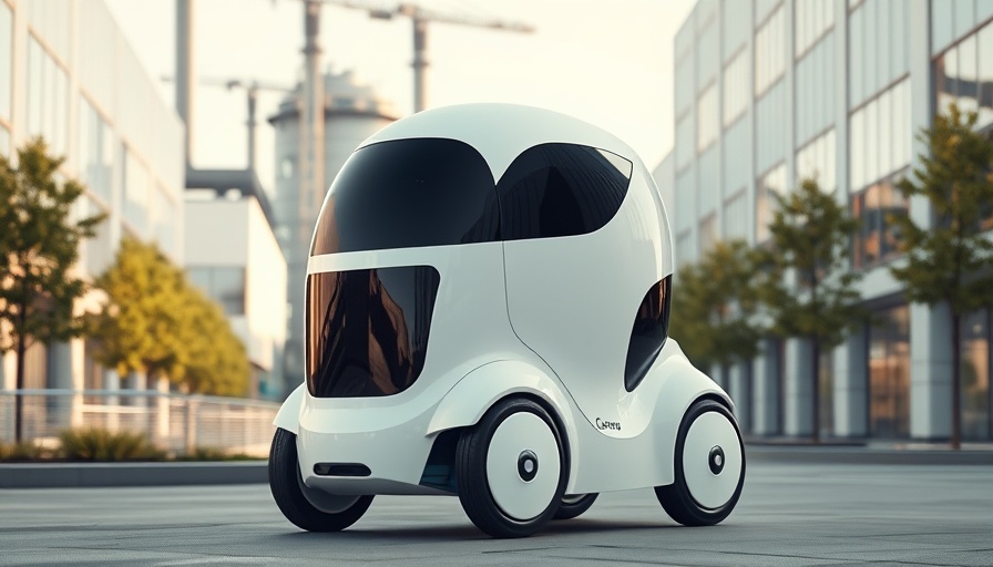 Sleek white delivery robot outside industrial building