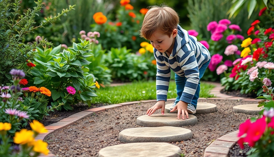 Child exploring hopscotch stepping stones in a garden path