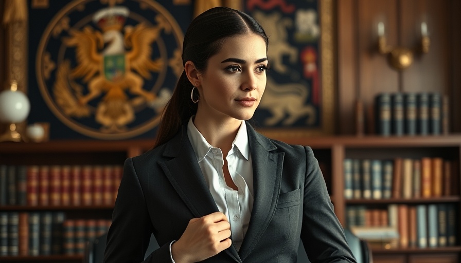 Trump lawyer appeal ruling, woman confidently adjusting suit in office.
