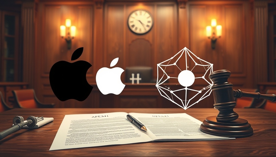 Illustration of a courtroom with tech logos and legal documents