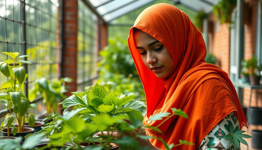 Woman tending plants in greenhouse, sustainable living concept.