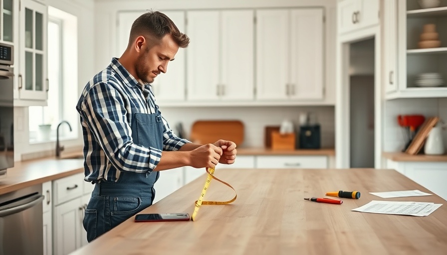 Focused craftsman measuring kitchen countertop for sizing