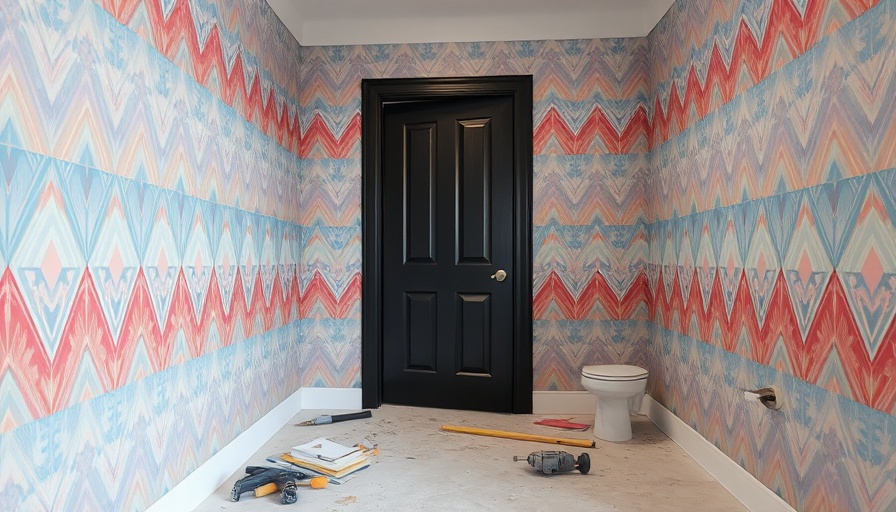 Colorful geometric half bathroom transformation with black door.
