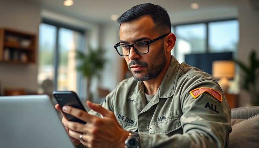 Military veteran using laptop for debt consolidation loans for veterans.