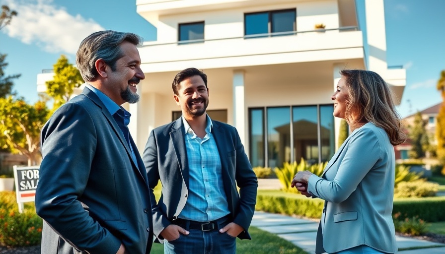 Agent showing house to couple with a for sale sign, selling your house for job relocation.