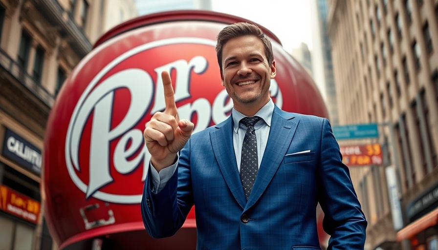 Smiling man holding Dr. Pepper foam finger in urban setting, KDP coffee acquisition strategy.