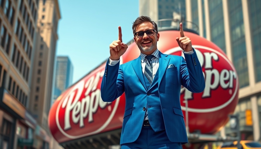 Man in blue suit with foam finger in front of Dr. Pepper tank, KDP Coffee Acquisition.