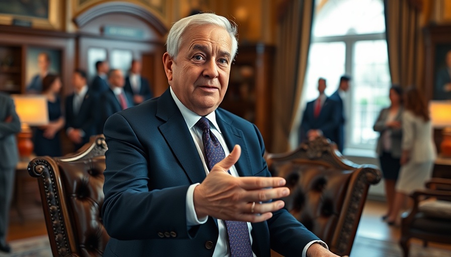 Animated man in navy suit gesturing, related to Trump's Fed attack.