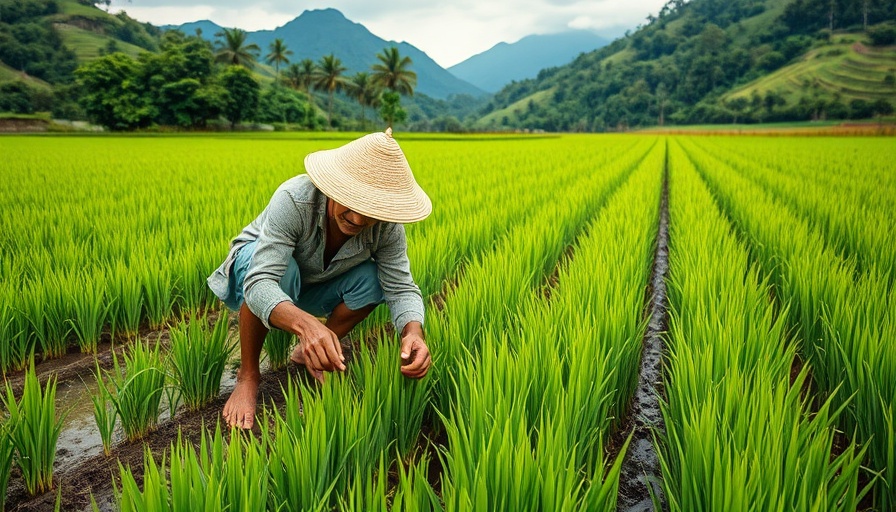 Rice farmer planting in picturesque field, AI climate solution.