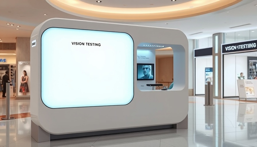 Modern vision testing kiosk offering quick eye care access innovations in a mall.