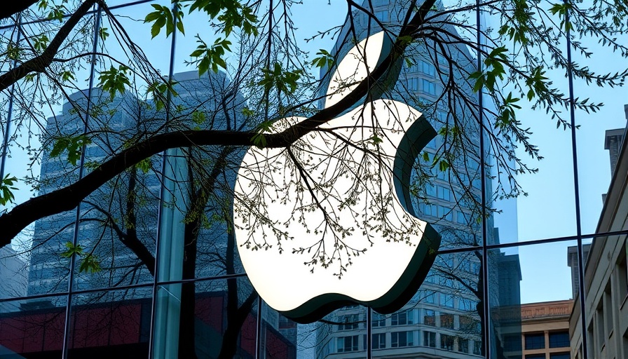 Apple logo on glass with tree reflections in urban setting.