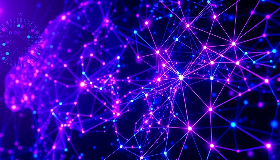 Abstract AI interface with glowing lines and nodes in blue and purple.