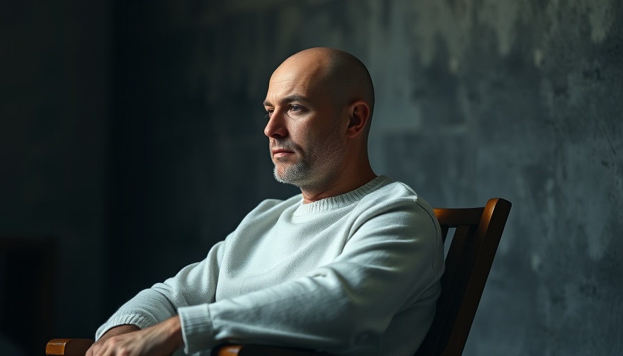 Man contemplating PTSD recovery strategies in a dimly lit room.