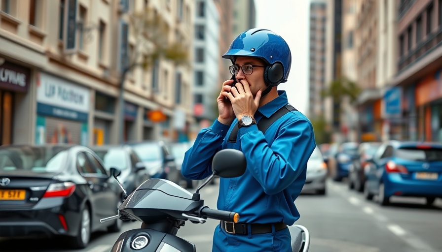 Courier in blue uniform on busy street, China personal carbon accounts concept.