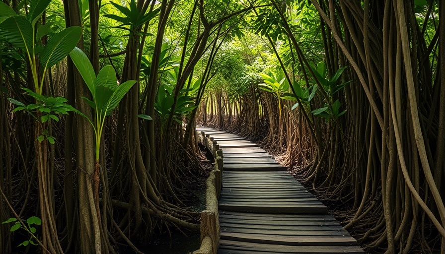 Mysterious mangrove forest with wooden path in blue carbon ecosystems