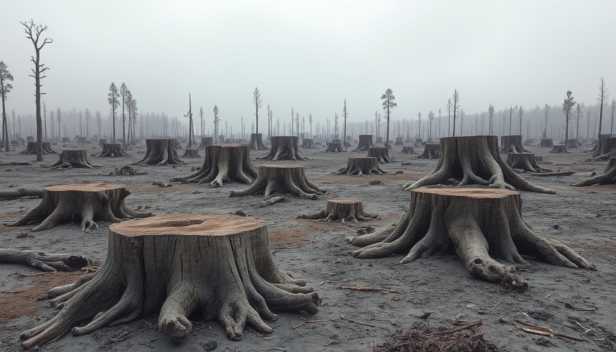 Deforestation impact shown by tree stumps, palm oil-driven deforestation.
