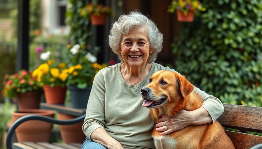 Older woman with dog on a bench, greenery around, serene setting.