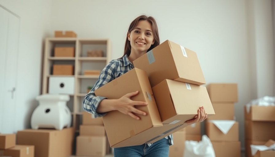 Woman deciding where to live, carrying moving boxes.