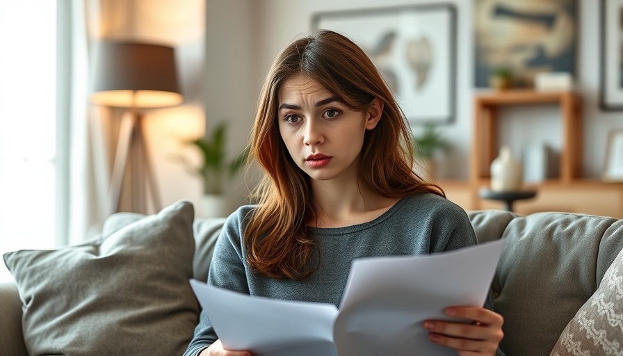 Concerned woman pondering mortgage increase while holding a paper.