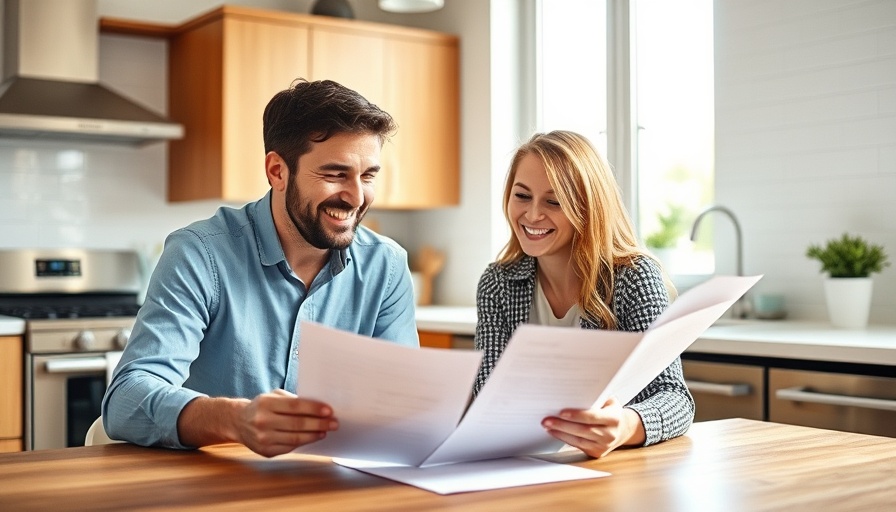 Couple reviewing documents in modern kitchen during open house.