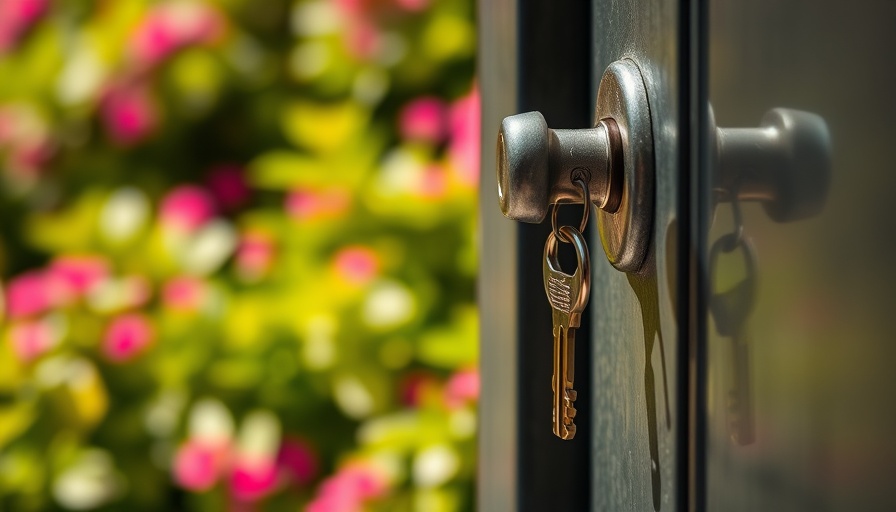 Key in door lock with greenery backdrop, open house safety.