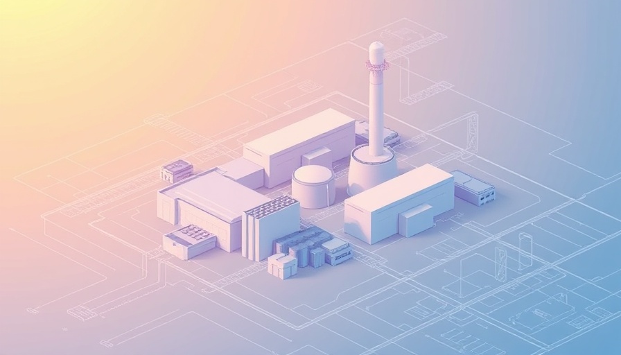 Blueprint of UK nuclear power station in stylized pastel colors, technical illustration.