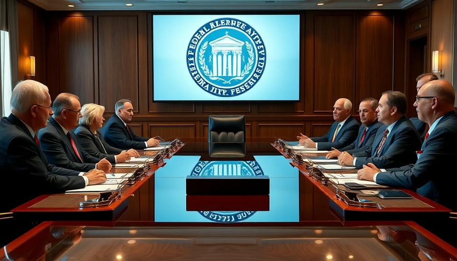 Federal Reserve officials in a meeting room with emblem displayed.