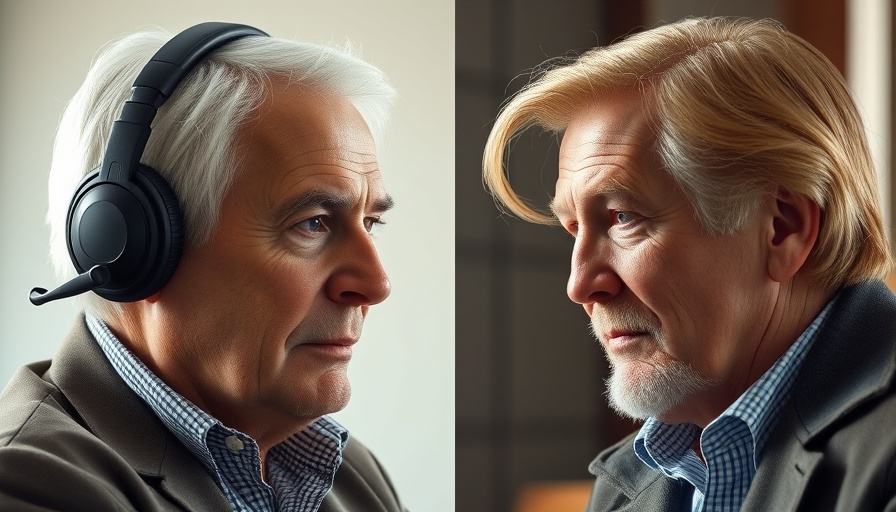 Two men in discussion, serious expressions, split-screen view.