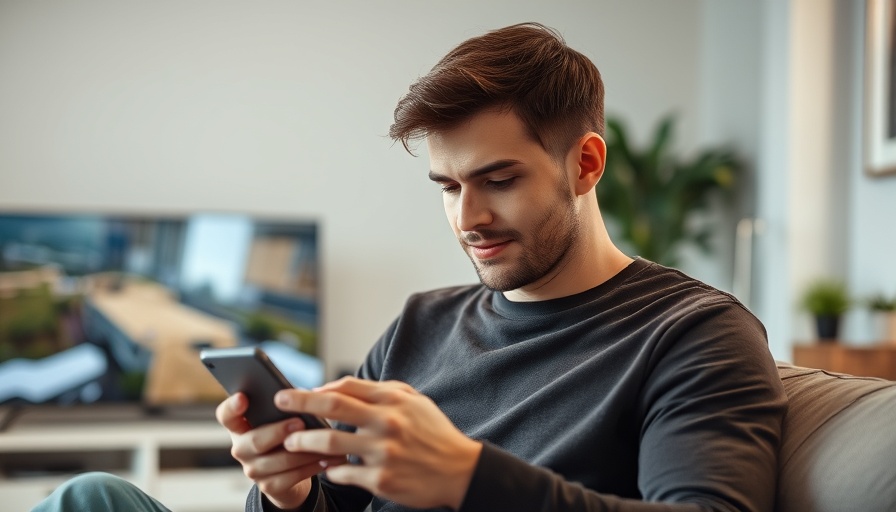 Young man using smartphone with TV in background, content recession in streaming.